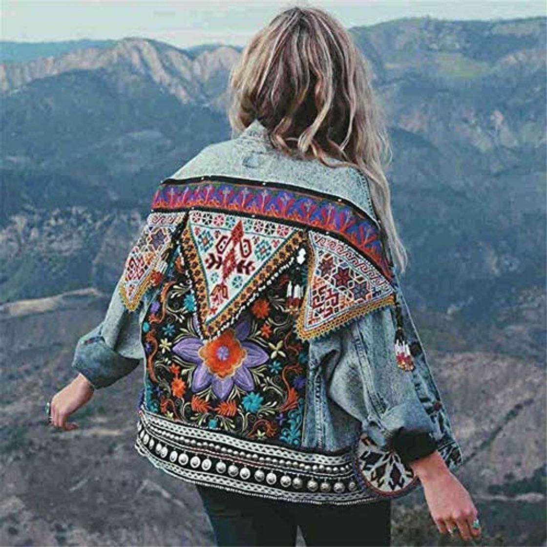 Moda FCWJHNTSL Boho Denim Chaqueta para Mujer otoño Apliques Florales Bordado Vintage Abrigo Manga Larga Prendas de Vestir Exteriores Chaqueta Femenina Coatee