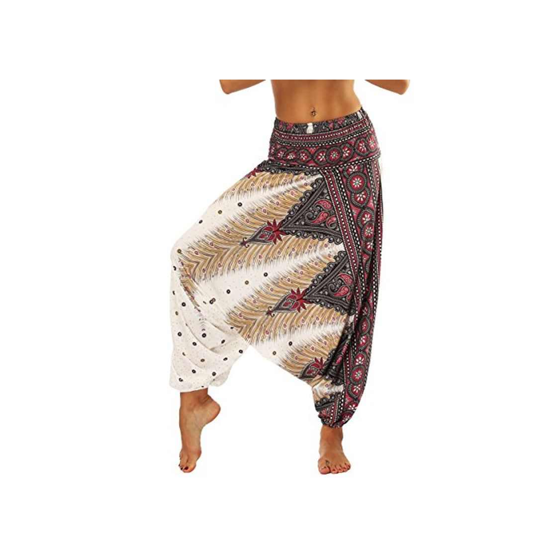 Social Nuofengkudu Mujer Pantalones Sueltos Hippi Tailandeses Estampado Verano Cintura Alta Elastica Entrepierna Baja para Yoga Casual Marrón Pavo