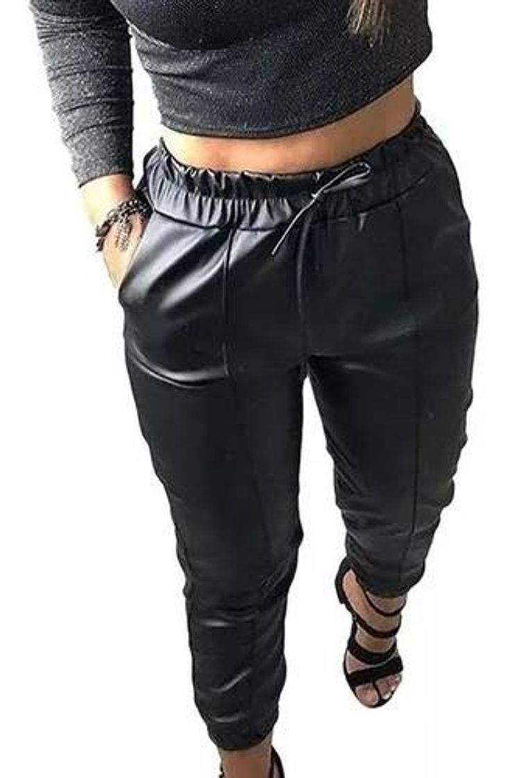 Fashion Calça Jogger Feminina Courino Couro Fake Eco Bolso Tendencia