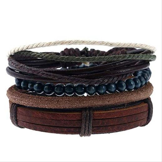 NJSDDB 4pcs/Set Accessories Rope Wood Bead Leather Bracelets & Bangles Multilayer Bracelet