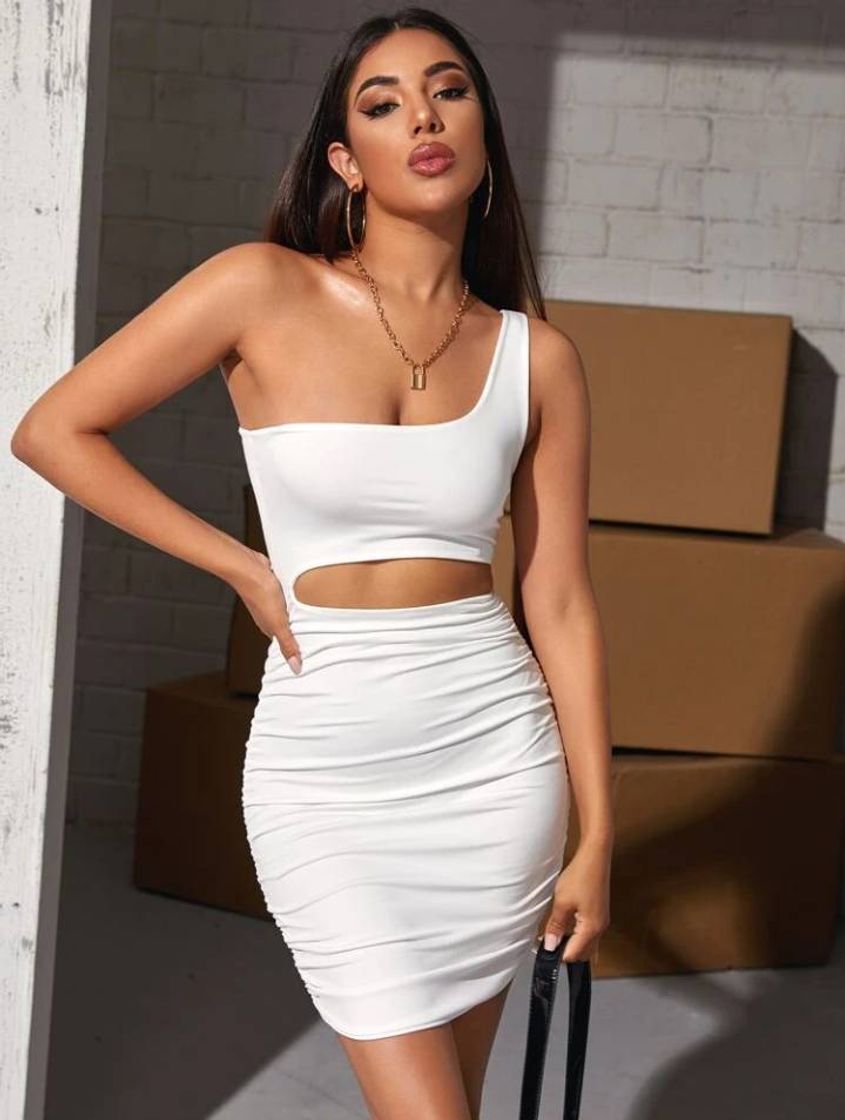 Social One Shoulder Cutout Waist Ruched Dress