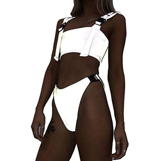 Bikini Reflectante Conjunto Sujetador 2019 Nuevo Verano Mujeres Brillante Trajes de Baño Ropa de Playa Plateado plata XS