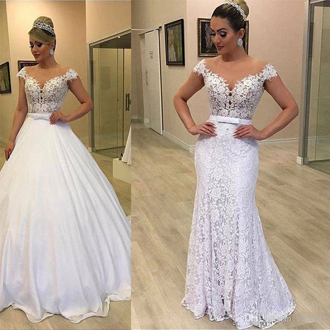 Moda Modest Mermaid Lace Wedding Dresses With Detachable Train ...