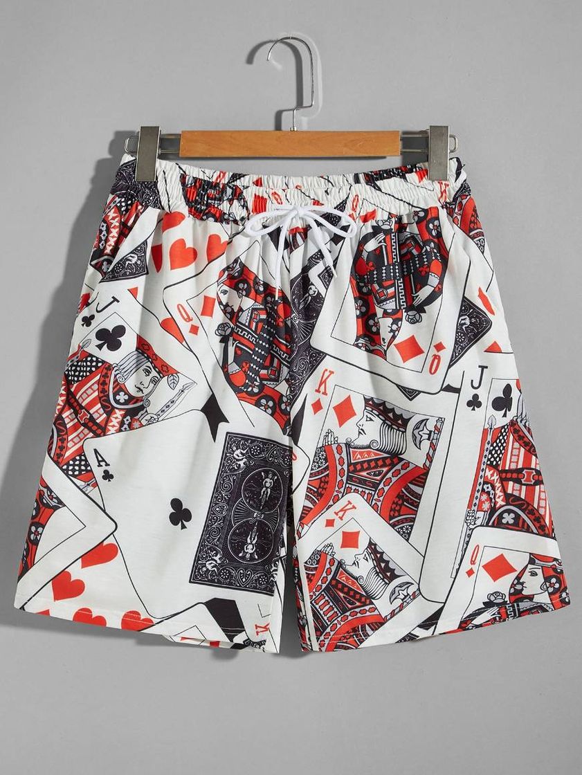 Social Playing Card Print Drawstring Waist Shorts