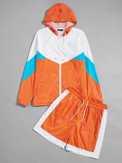 Zip Up Colorblock Hoodie & Shorts Set