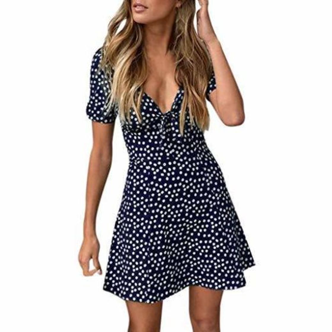 Product Womens Summer Mini Dress Ladies Short Sleeve Bodycon Beach Party Dot Sundress