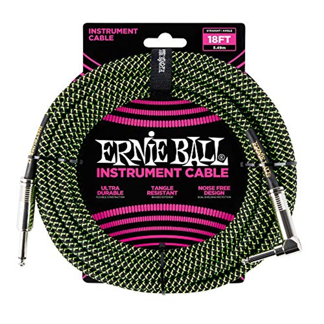 Product Ernie Ball 18' Braided Straight Angle Inst Cable Black Green