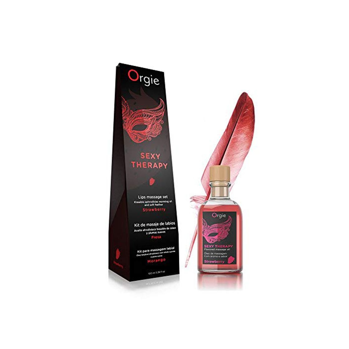Social Kit Aceite Masaje Erótico Efecto Calor Comestible de Fresa y Pluma by