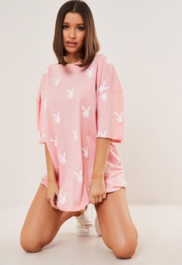 Playboy X Missguided Pink Repeat Print Oversized T Shirt Dress