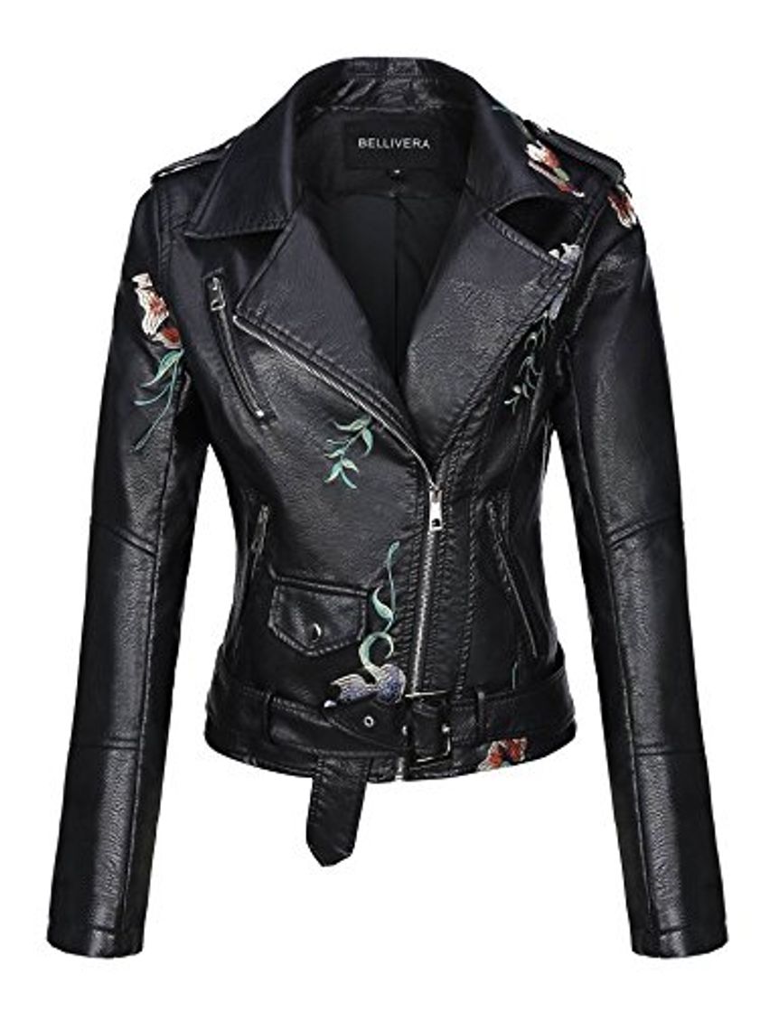 Social Bellivera Chaqueta Corta de Piel sintética Bordado para Mujer Negro XL