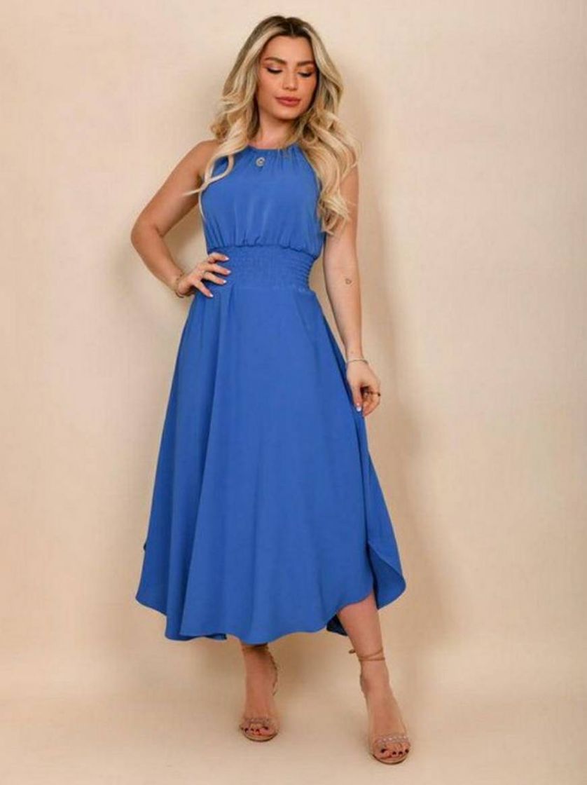 Moda Vestido Midi com detalhe de látex na cintura 