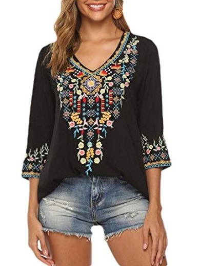 H&E blusa de mujer con bordado mexicano bohemio Negro Negro