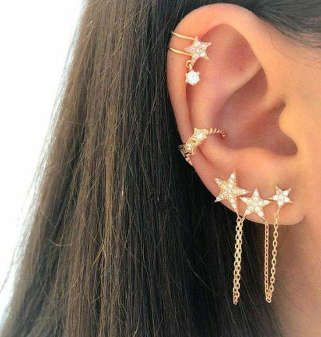 Moda Triple Piercing Star CZ Chain Earrings | 3 Stud Celestial Ea