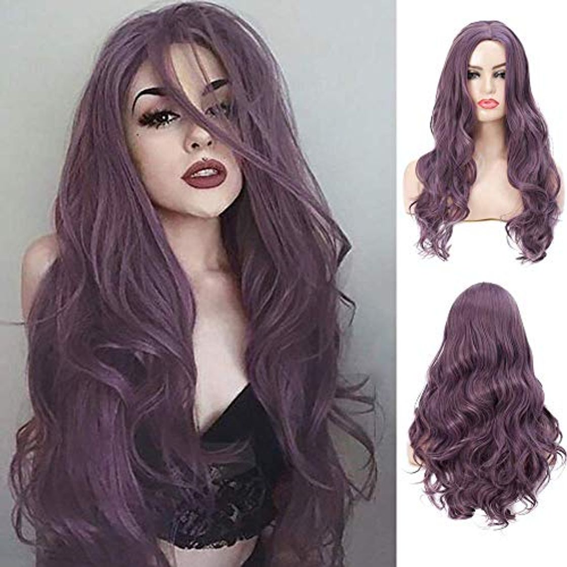 Social Peluca morada Largas mujer violetas Peluca rizada Disfraces Cosplay Halloween Peluca ondulada
