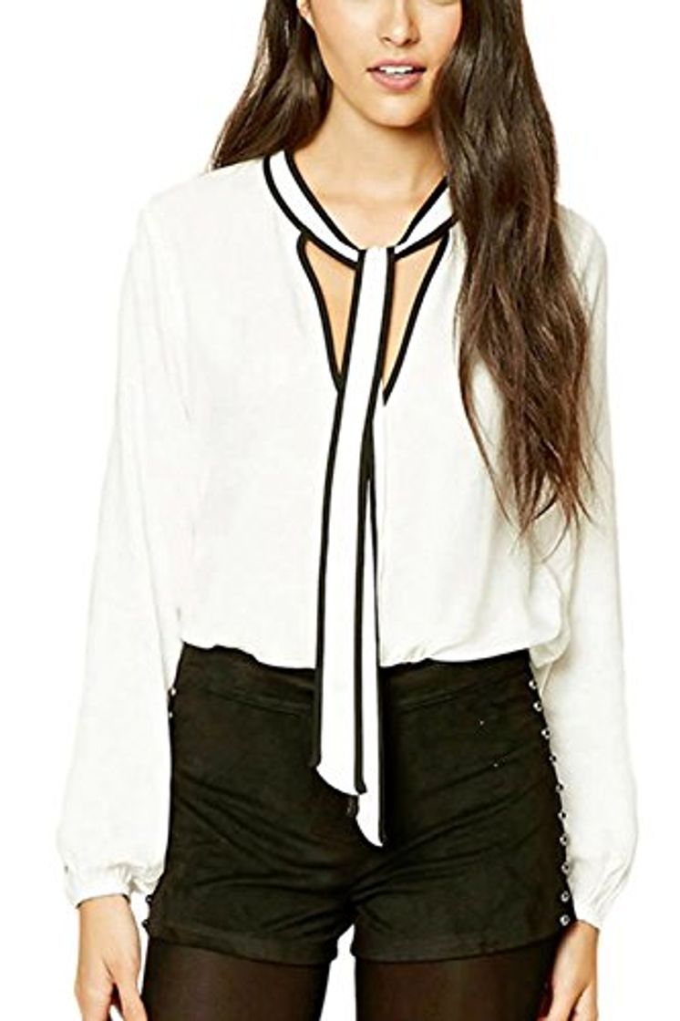 Social La Mujer Elegante De Manga Larga con Cuello En V Blusa Plus Size Solid Anuda OC White 4XL