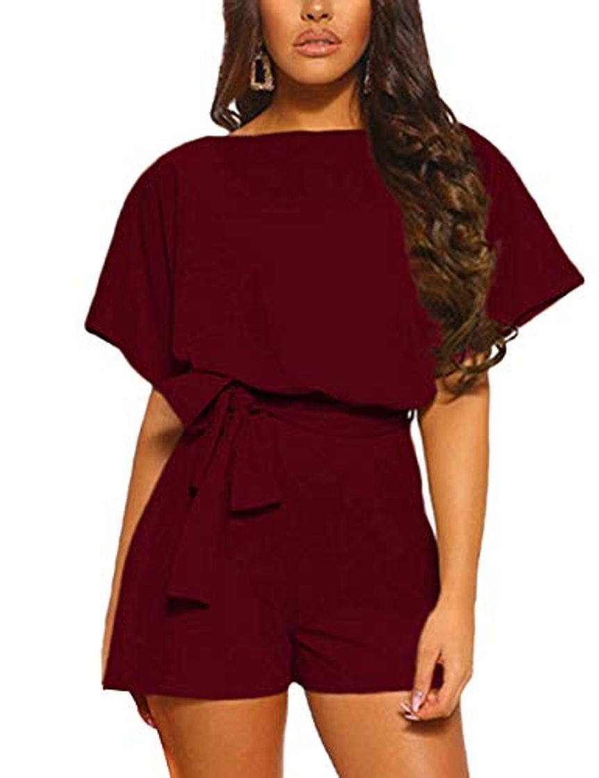 FeelinGirl Mujer Mono Corto Liso de Manga Corta Verano Sexy Espalda Descubierta Un Hombro Burdeos XL