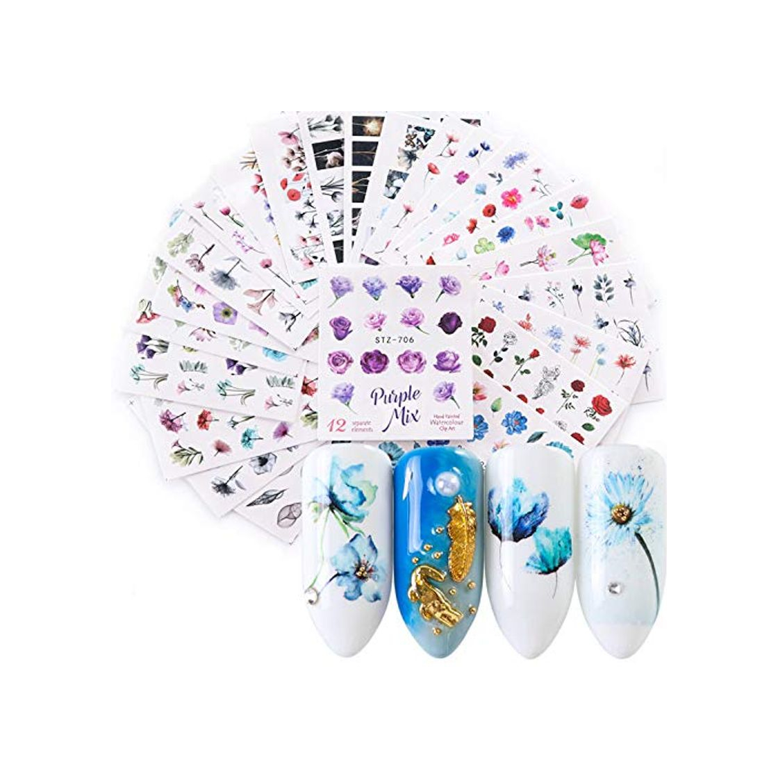 Belleza Pegatinas Uñas，Kapmore 24 Hojas Pegatinas Uñas Decorativas Nail Art Stickers Elegante Estampado