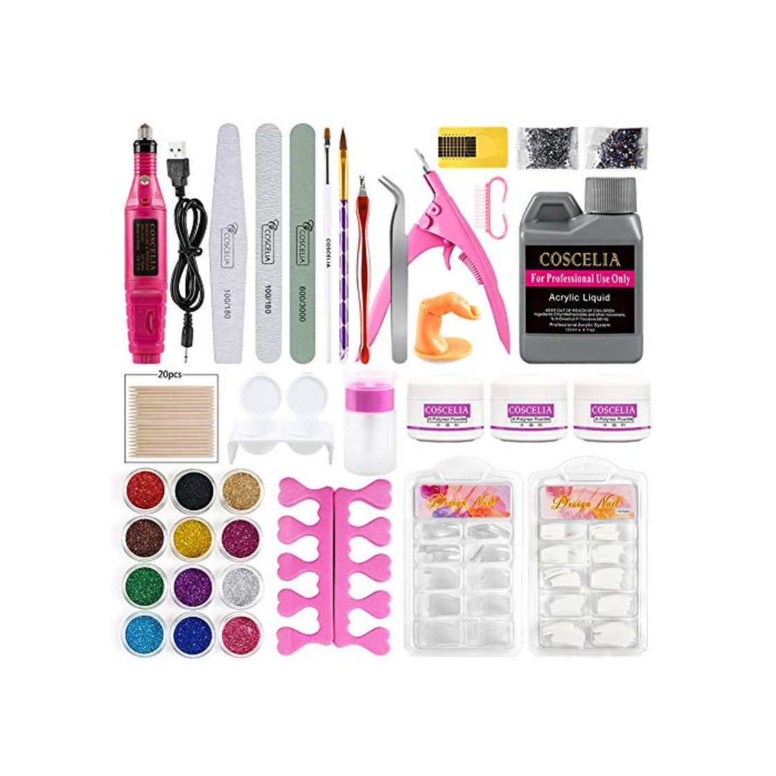 Producto Coscelia Kit de Uñas Acrílicas Uñas Postizas Kit Completo Accesorio para Manicura Limas de Uñas Máquina de Taladro de Uñas Portátil Herramiento para DIY Uñas Arte