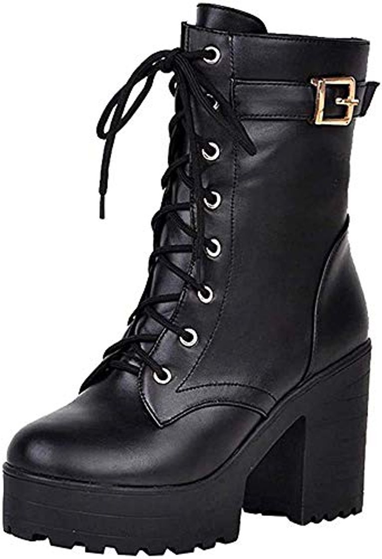 Moda Botas Militares de Cuero de la PU Botas Plataforma cuña con Cordones Tacón Ancho para Mujer Otoño Invierno Moda 2018 PAOLIAN Botas Biker Zapatos Señora Talla Grande Calzado Dama Estilo Británico