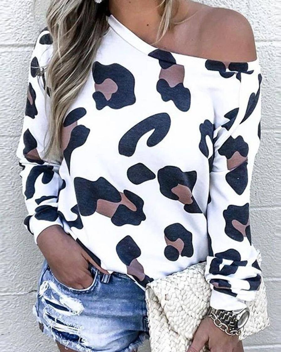 Moda Cheetah Print One-shoulder T-shirt