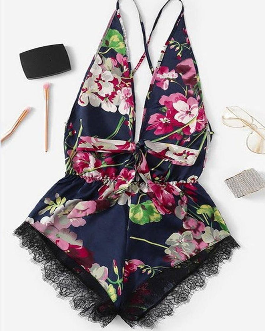 Fashion Floral Print Eyelash Lace Romper