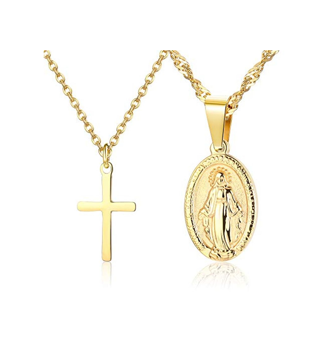Social CASSIECA 2 Piezas 14K Chapado en Oro Acero Inoxidable Collar para Hommer Mujer Cruz Colgante Collar Virgen Maria San Cristóbal Collar Joyería Católica Cristiana