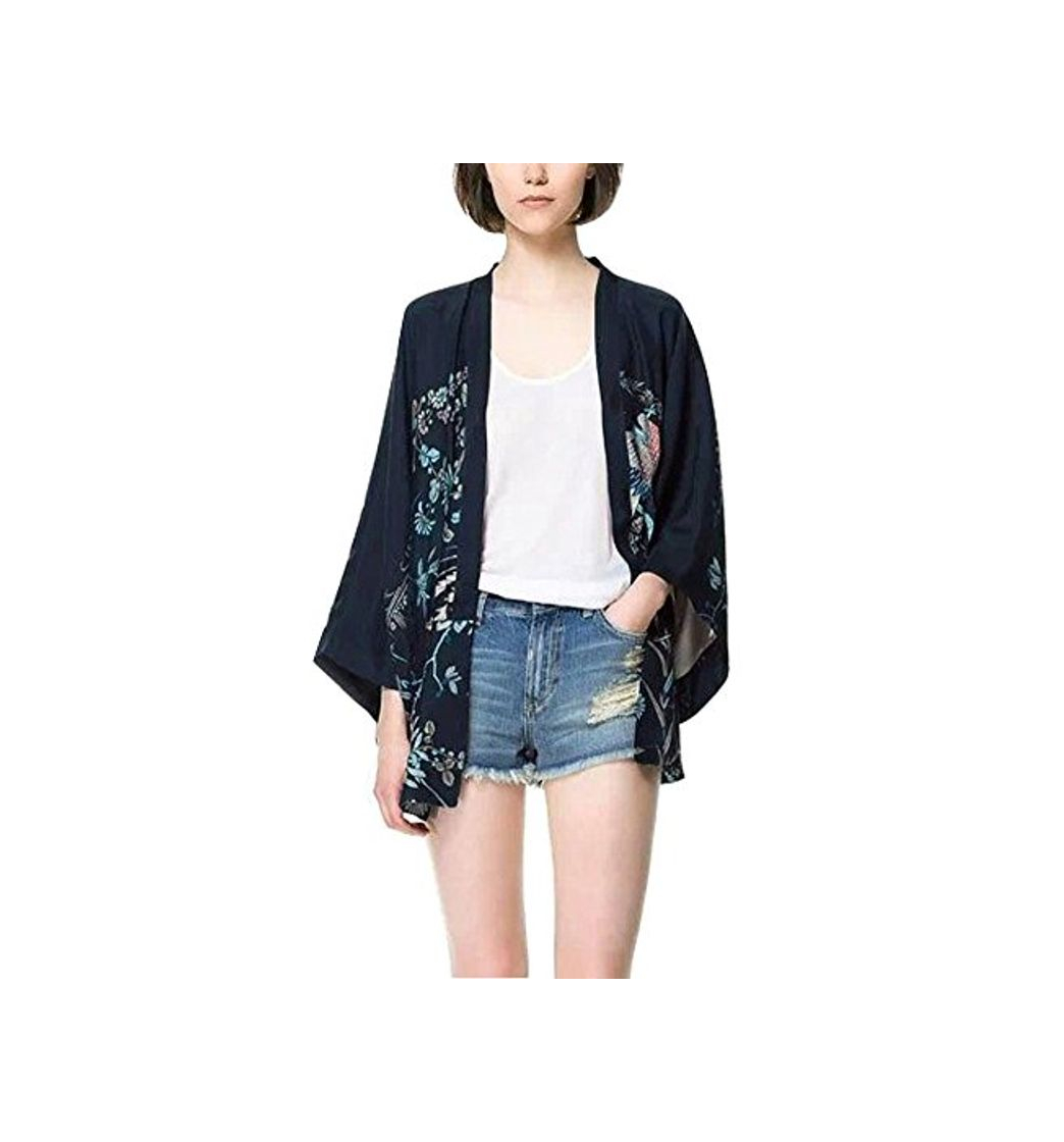 Fashion Minetom Mujer Primavera Otoño Elegante Manga Larga Quimono Kimono Casual Retro Phoenix Impresión Chaqueta Abrigo Corto Cárdigan Outerwear Azul ES 44