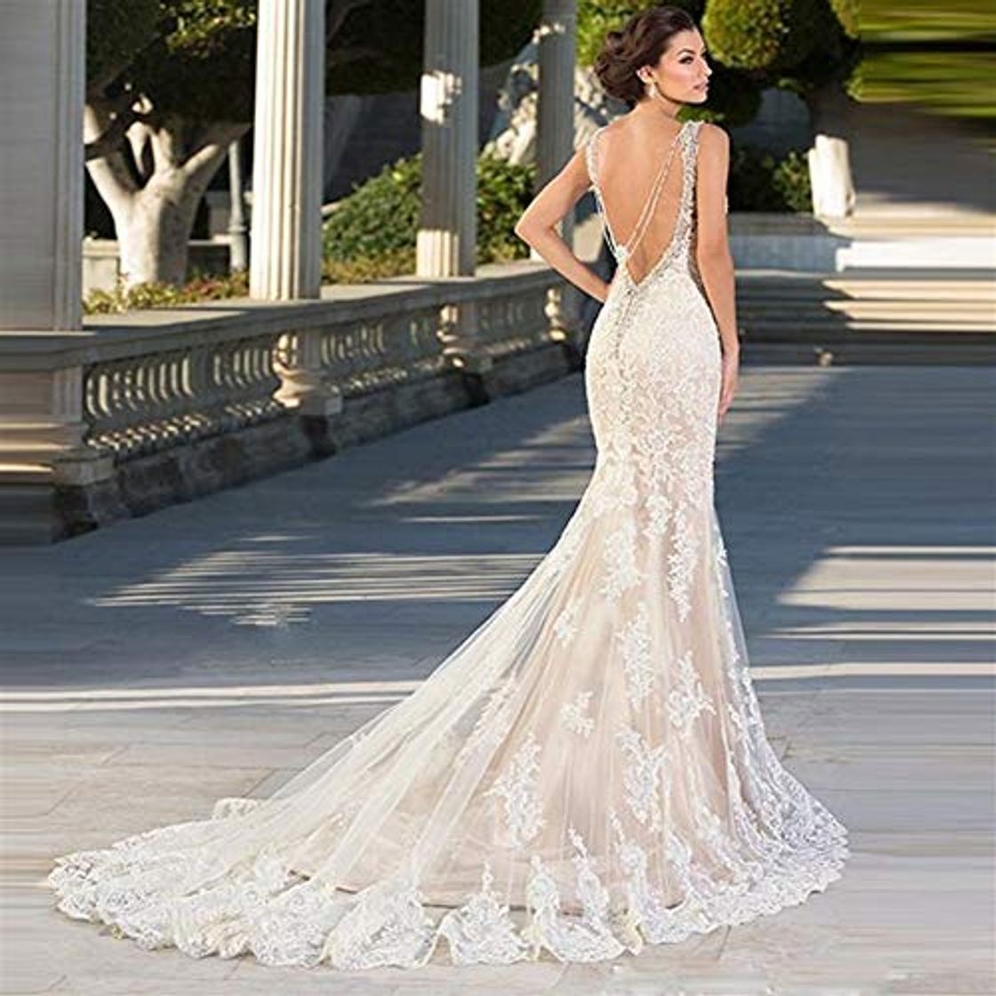 Social Vestido de Novia Mujer Sirena Largo Vestidos de Novia Encaje Manga del Casquillo Blanco EUR42