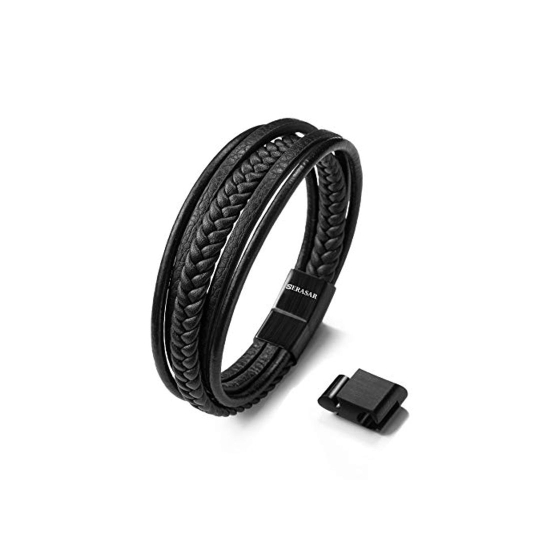 Social SERASAR 21cm Negro Pulsera de Cuero Hombre Chico Pulseras Hombres Brazalete Brazaletes Pulso Muñequera Muñequeras Bisuteria Bisutería Joyeria Nudos Cuerda Cuerdas Bracelet Men Jewellery Unisex Ancha