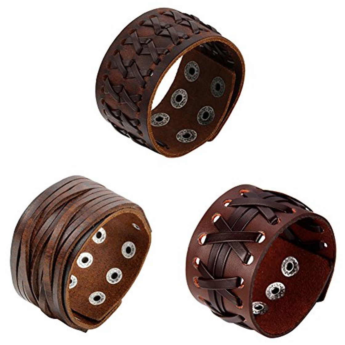 Social OIDEA Pulseras Hombre Cuero Piel 3 Pcs Trenzado Brazalete Piel Punk Rock