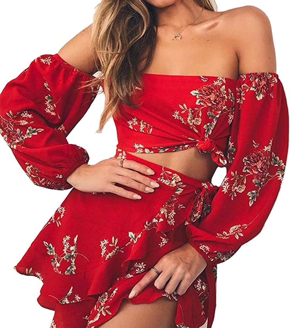 Product Longwu Mujer Boho Flower Impreso Off Shoulder Outfits Conjunto de Dos Piezas