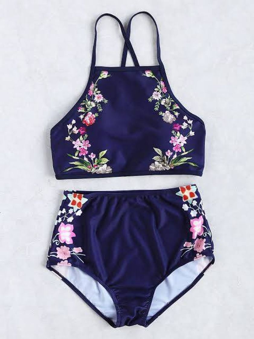 Fashion Biquíni Cintura Alta Azul Marinho com Detalhe Floral