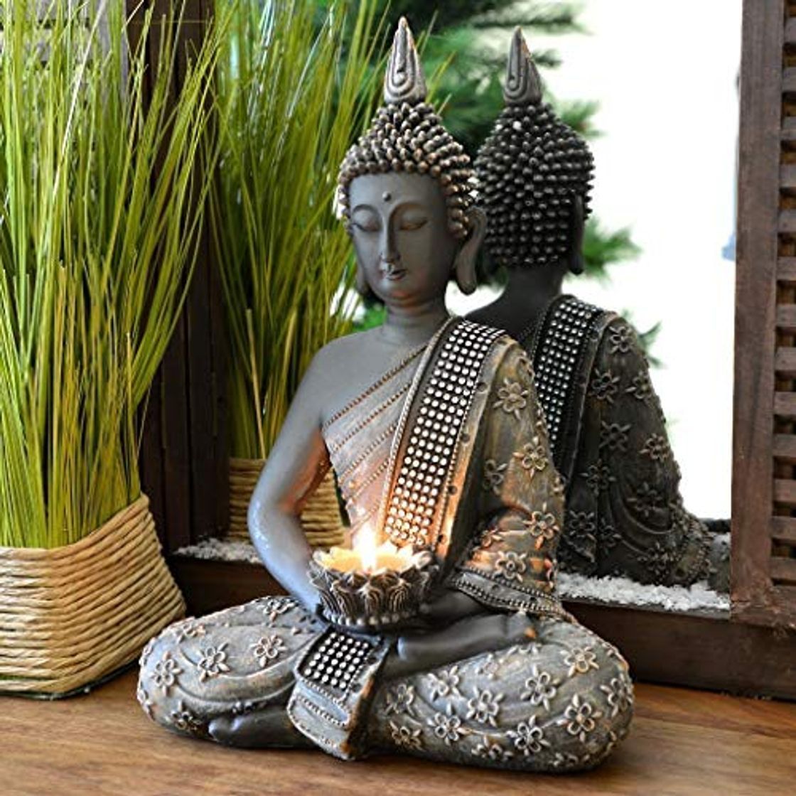 INtrenDU® Buda Figura Decorativa Chino 31 cm con candelabro decoración Zen para Interior