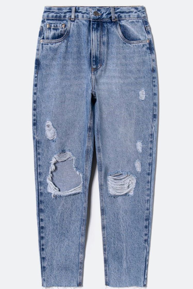 Fashion Calça Mom Jeans Lisa com Rasgos e Puídos Azul