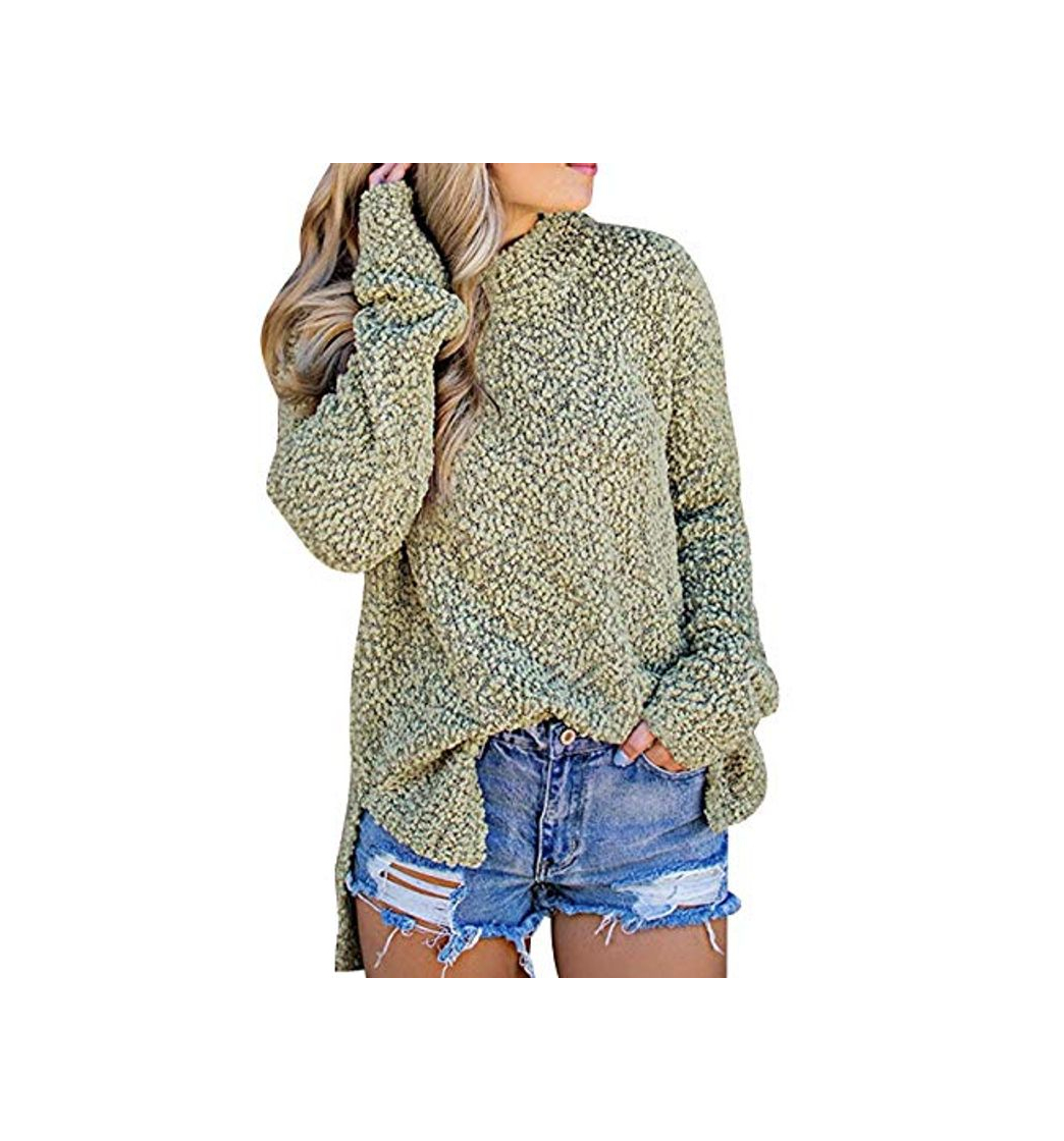 Moda Suéter Largo Mujer Jersey Punto Cuello Alto Mujer Oversize Tallas Grandes Sueter Jerséis Trenzas Jerseys Grueso Mujeres Sueteres Manga Larga Invierno Largo Suéters Señora Pullover Holgado Verde XL