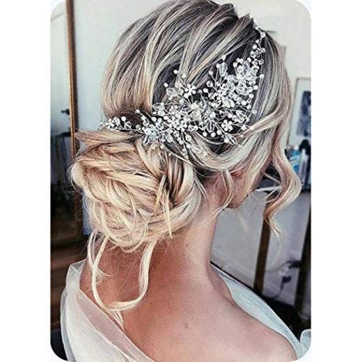 Unicra Silver Wedding Crystal Hair Vines Flor Hoja Tocados Accesorios para el cabello para la novia