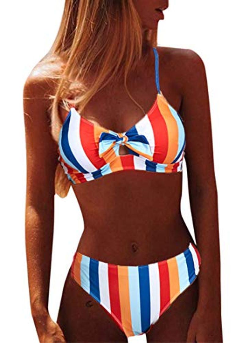 Social CheChury Mujer Sexy 2 Piezas Conjuntos de Bikini Push Up Trajes de Baño con Cuello Halter Rayas Colorido Conjuntos de Bikini Lazos Delantero Playero Bañador