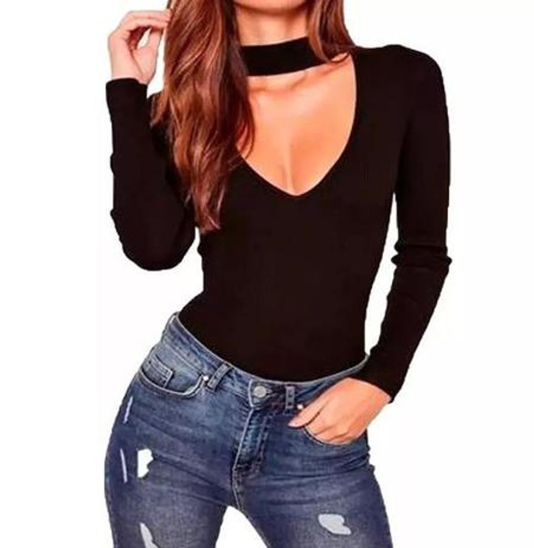 Fashion Blusa Feminina Chocker Decote