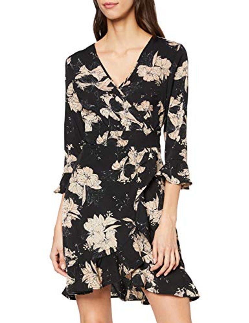 Moda Mela Floral Wrap Front Skater Dress Vestido Informal, Negro