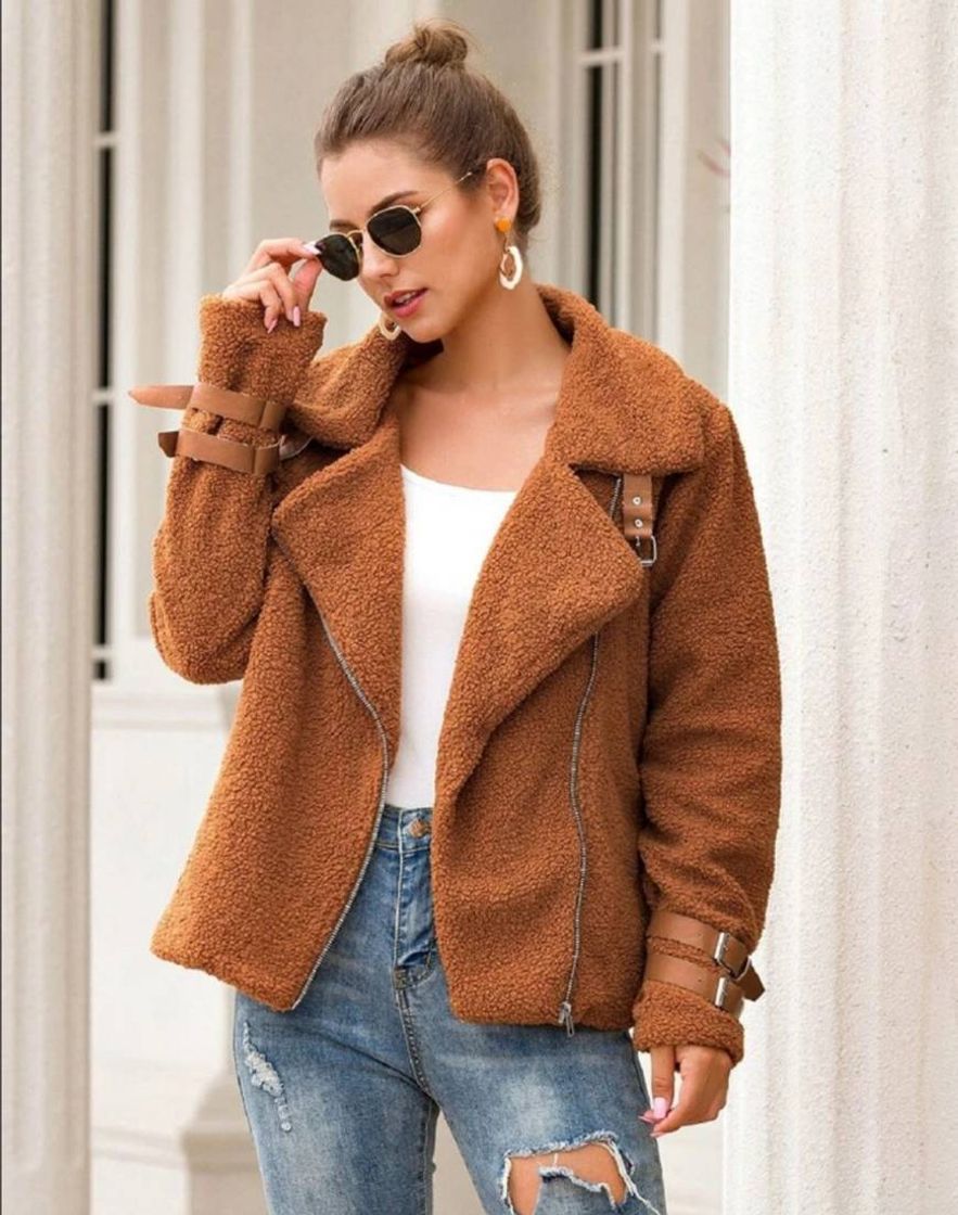 Moda Buckle Inclined Zipper Teddy Coat