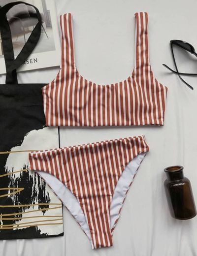 Striped High-Rise Bikini Swimsuit