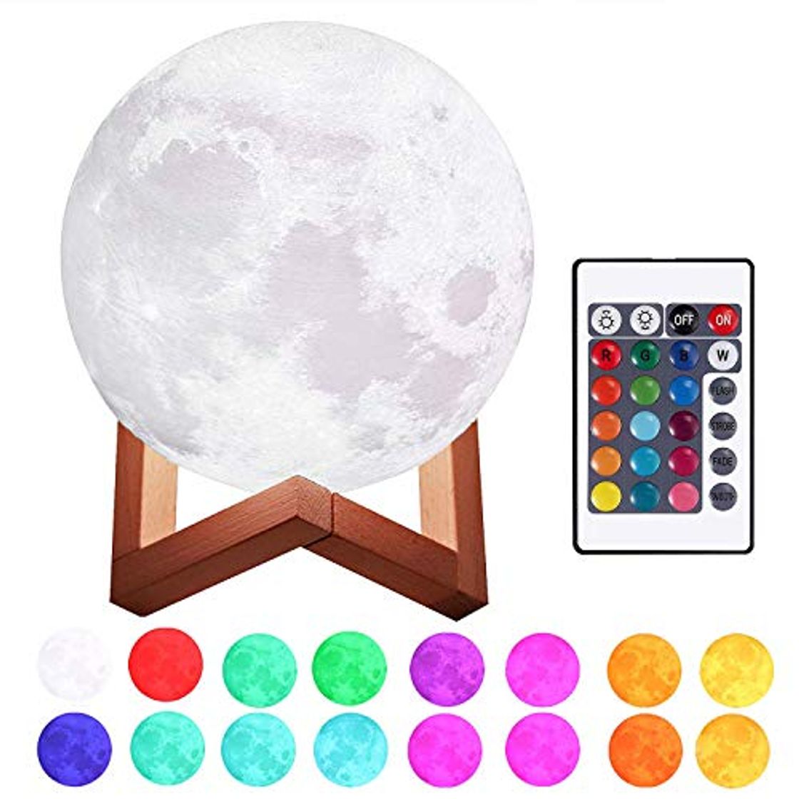 Producto Justech Lámpara de Luna en 3D 15cm Control Remoto y Control Táctil 16 Colores 4 Modos RGB Luz Nocturna Luna LED con Soporte de Madera Carga USB para la Decoración del Dormitorio Regalo para Navidad