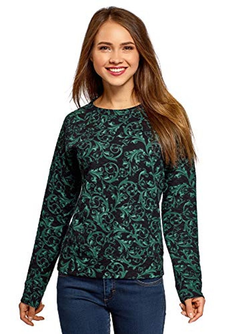 Fashion oodji Ultra Mujer Suéter Estampado de Tejido Texturizado, Verde, ES 40