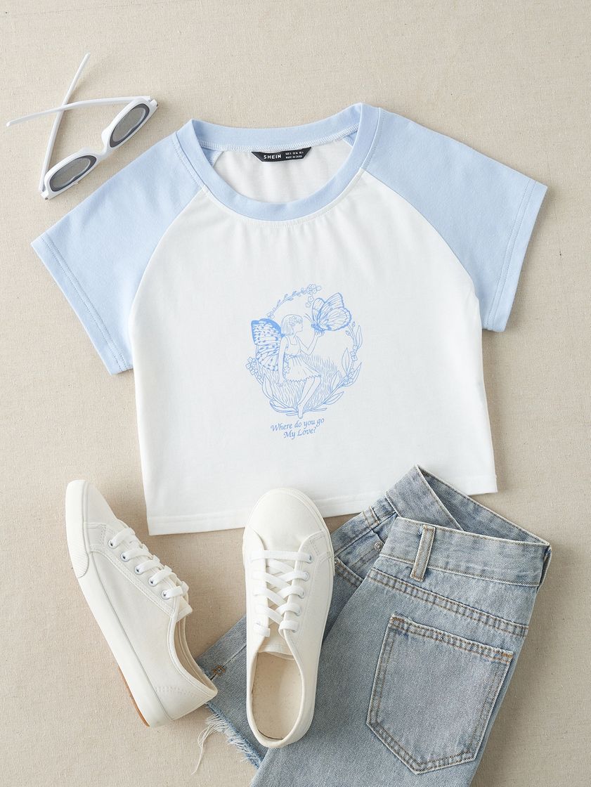 Social blusinha azul e branco com desenho