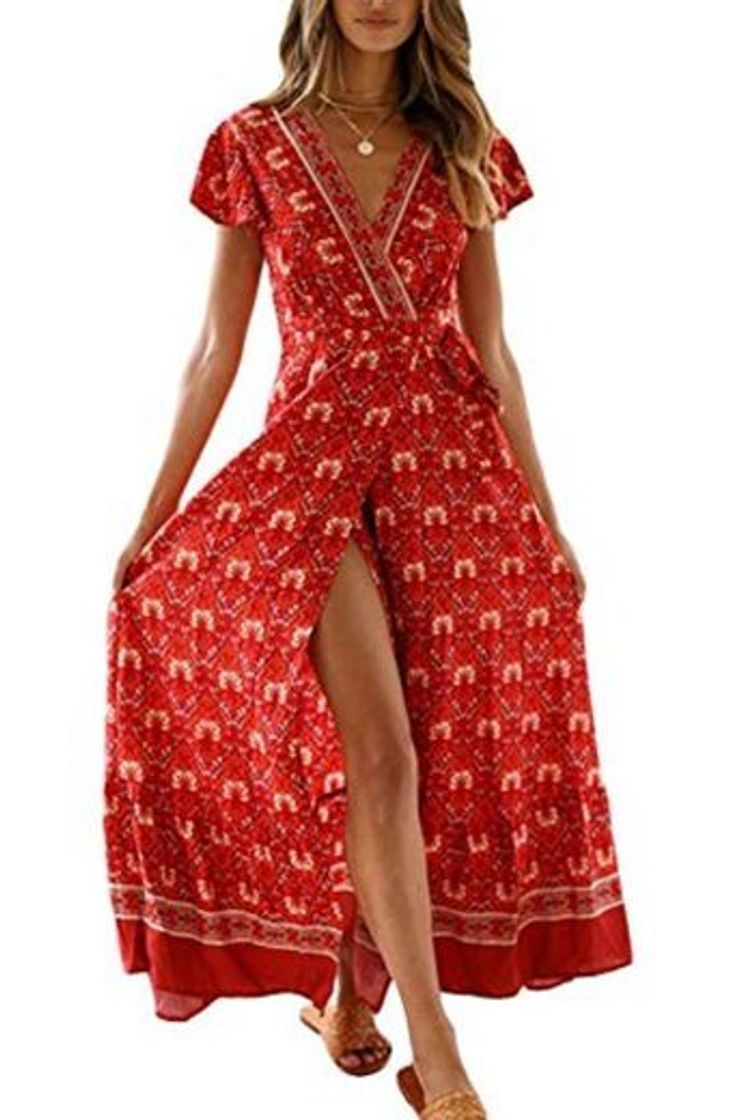 Social Vestido Mujer Bohemio Largo Verano Playa Fiesta Floral Manga Corta Cuello en V Talla Split Wrap Maxi Vestidos 5 XL