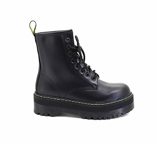 Place Botines Plataforma Tipo Militar Retro con Cordones Negro Mate