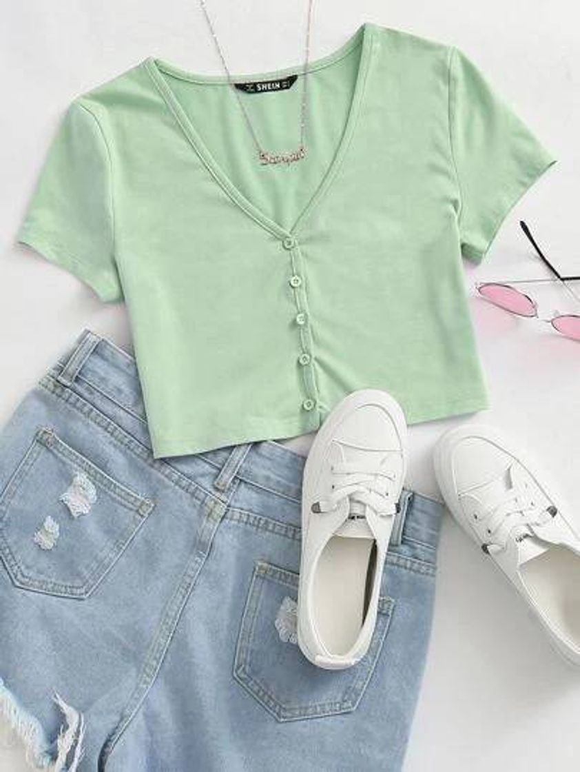 Social Cores Pastel Butões na frente Simples ocasional Camiseta | SHEIN ...