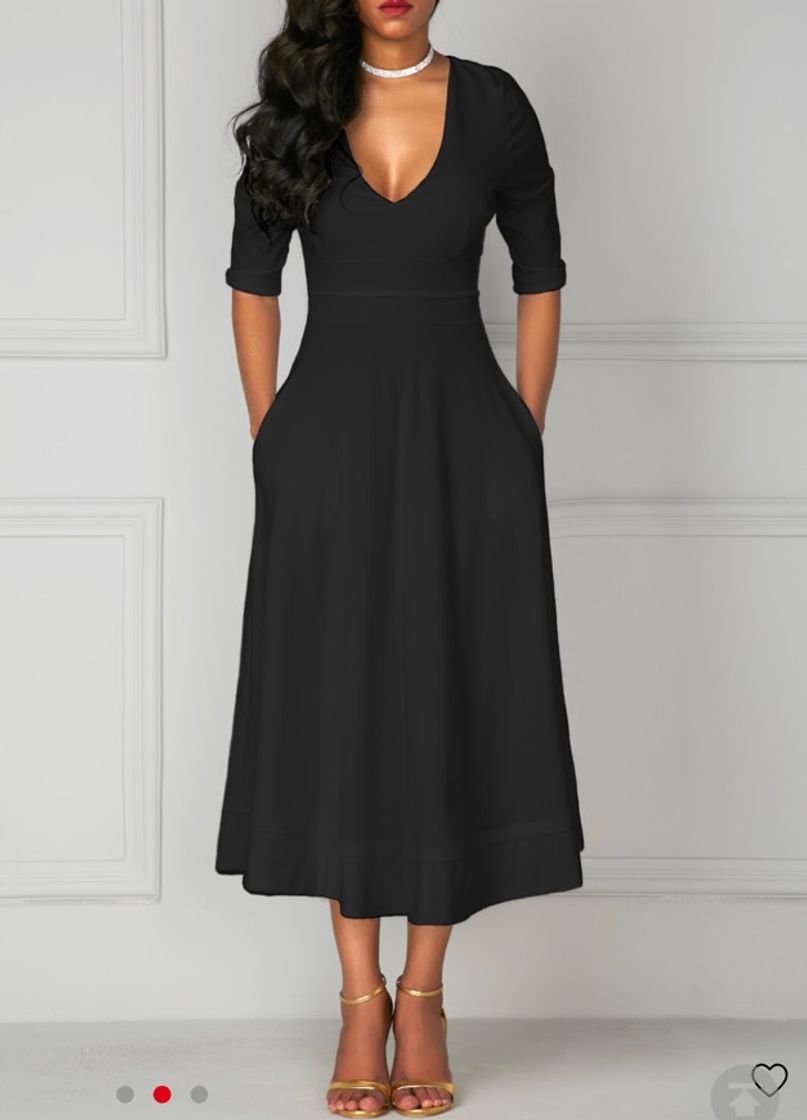 Moda ROTITA V Neck Black Pocket Design Half Sleeve Dress