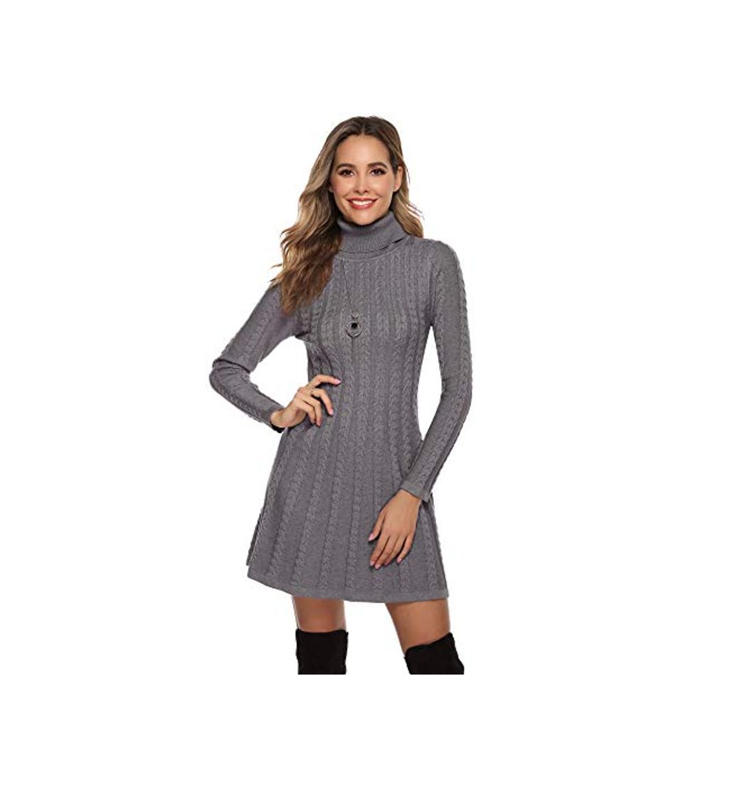 Social Hawiton Vestido de Punto para Mujer Elegante Vestido de Suéter de Cuello Alto Jersey de Manga Larga de Una Línea para Otoño Invierno
