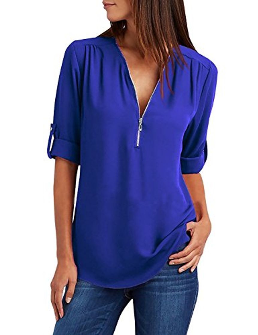 Social UMIPUBO Blusas y Camisa Mujer Vaquera Sexy Camisetas de Gasa Tops Cremallera Manga Corta Blusas Cuello en V Ropa